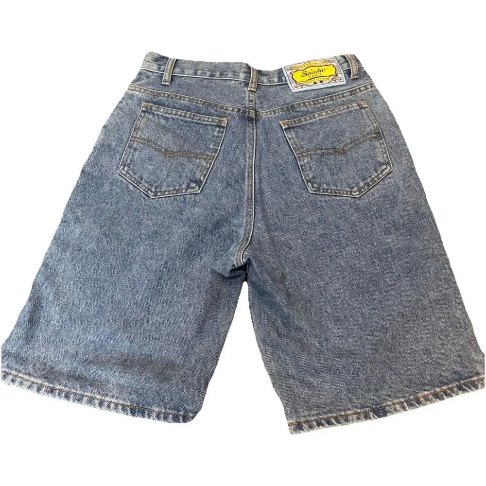 Vintage 90s Servuchi Paris Denim Shorts Black Suede Panel Baggy Size 9/10